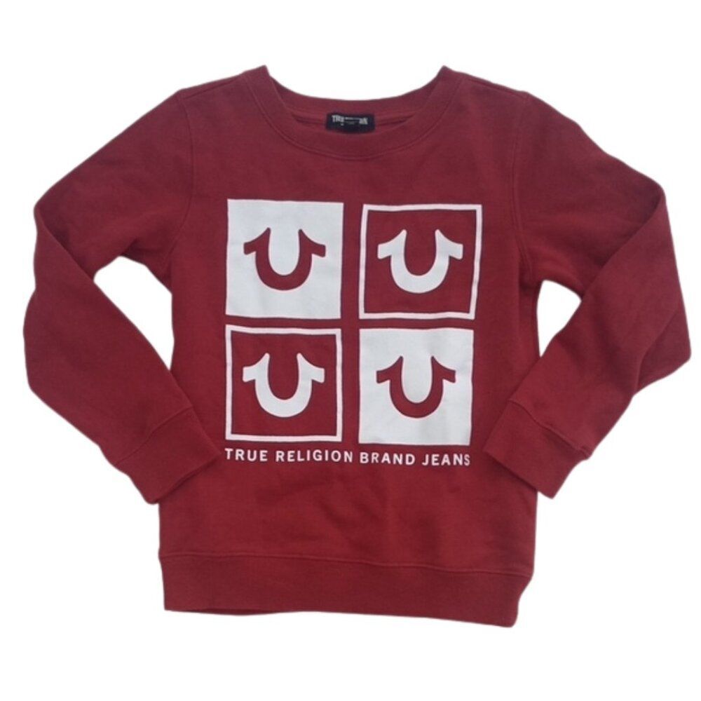 True Religion Boys Medium Burgundy Red Pullover Sweatshirt Checkers Logo Y2K